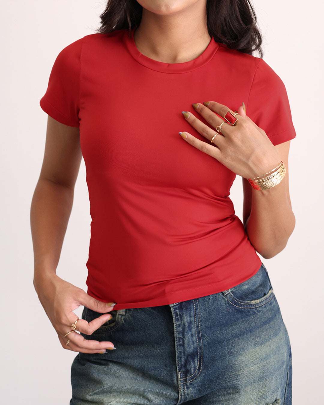 Red Crew Neck Short Sleeve Slim Fit Top