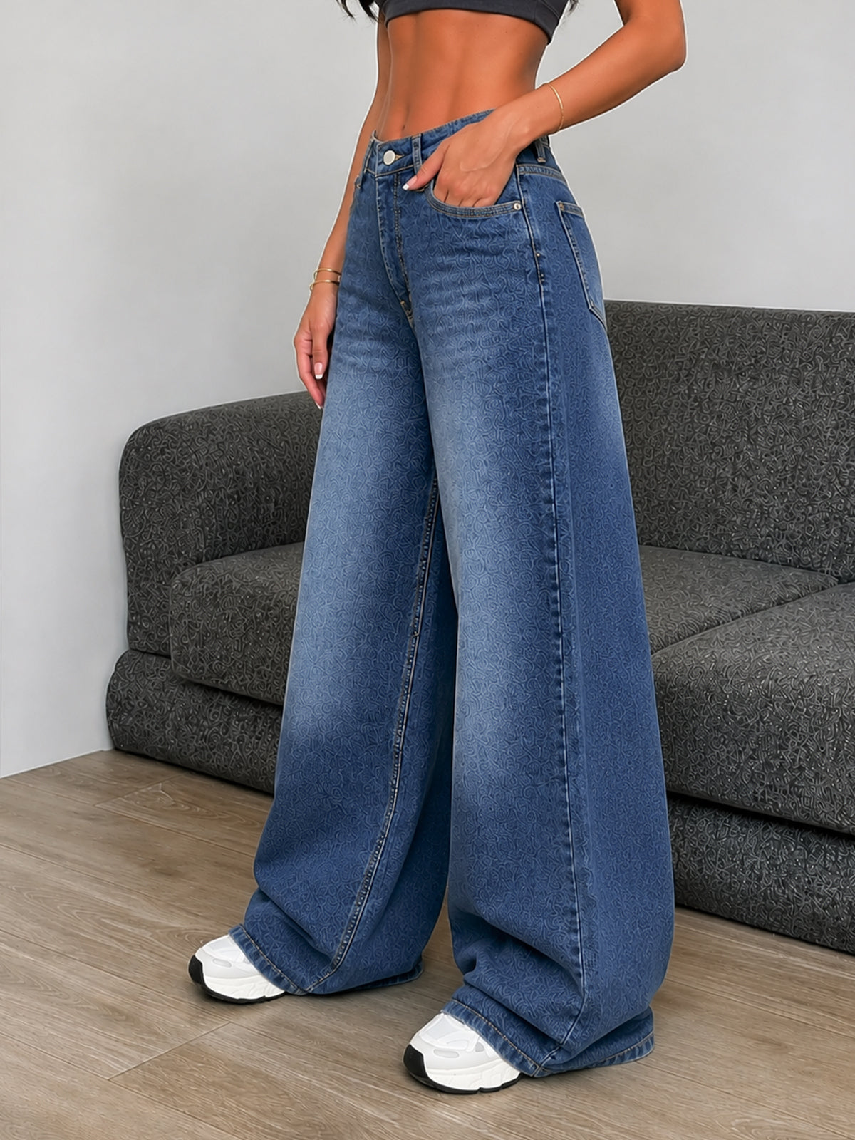 Luxe Drip Blue Washed Stretchable Wide Leg Jeans