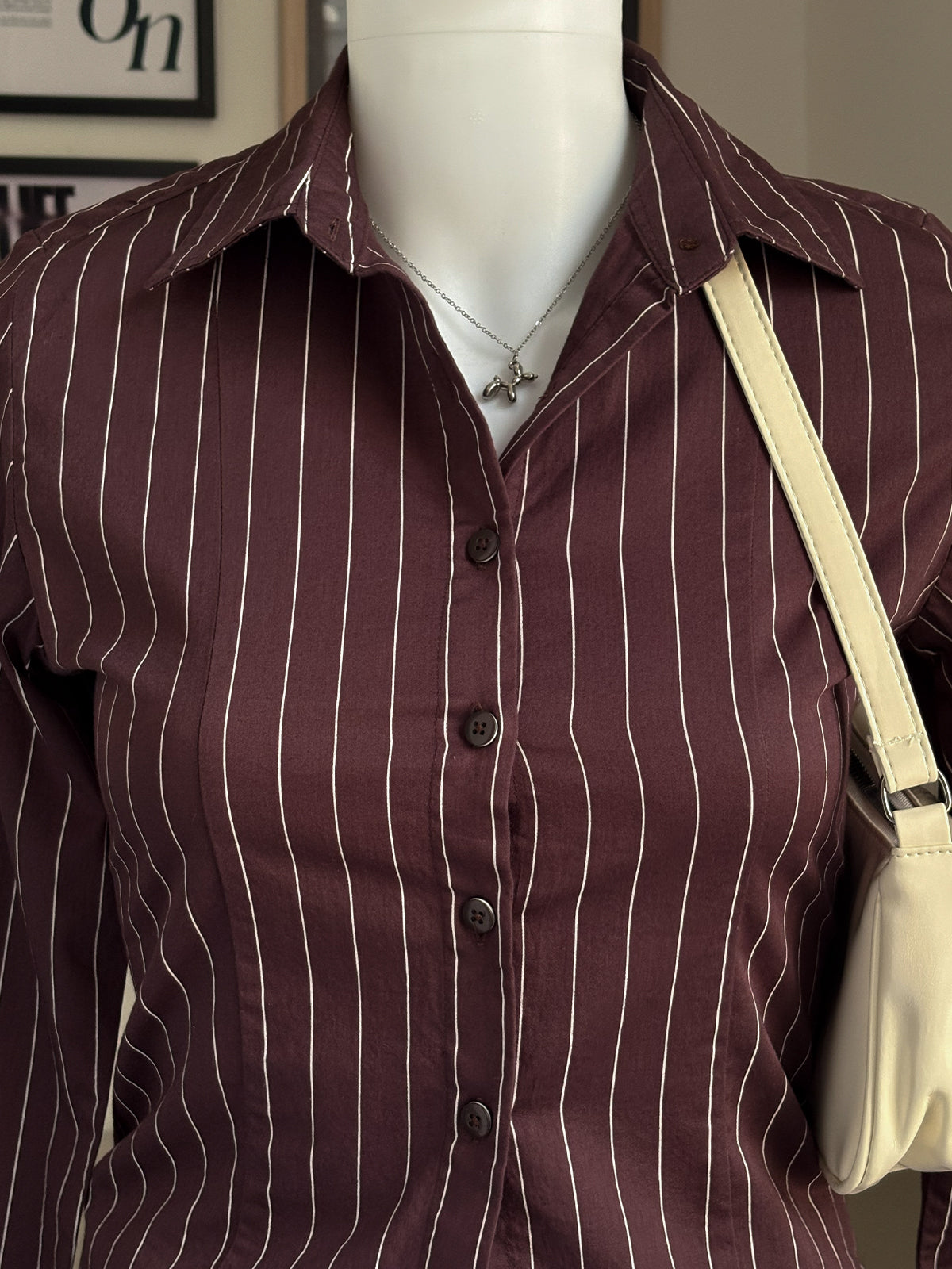 Rose Brown Striped Flared Sleeve Fitted Shirt