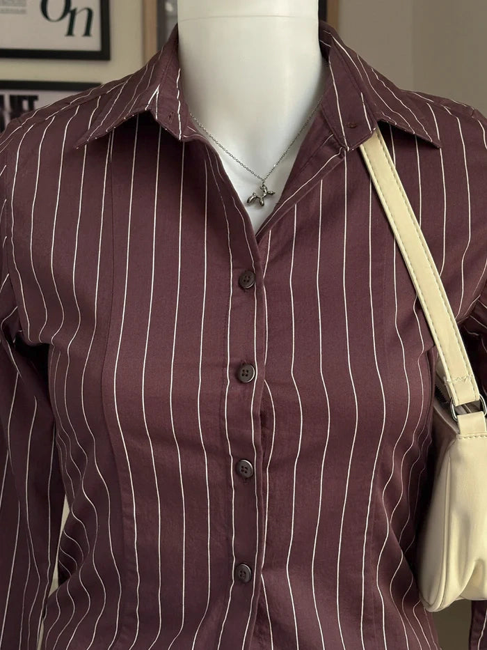 Rose Brown Striped Flared Sleeve Fitted Shirt