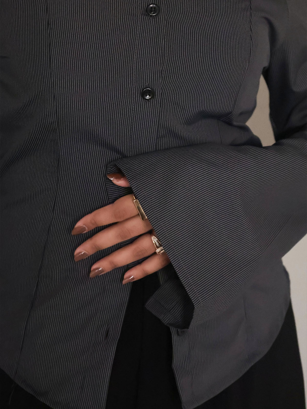 Charcoal Grey Pinstripe Flared Sleeve Fitted Shirt