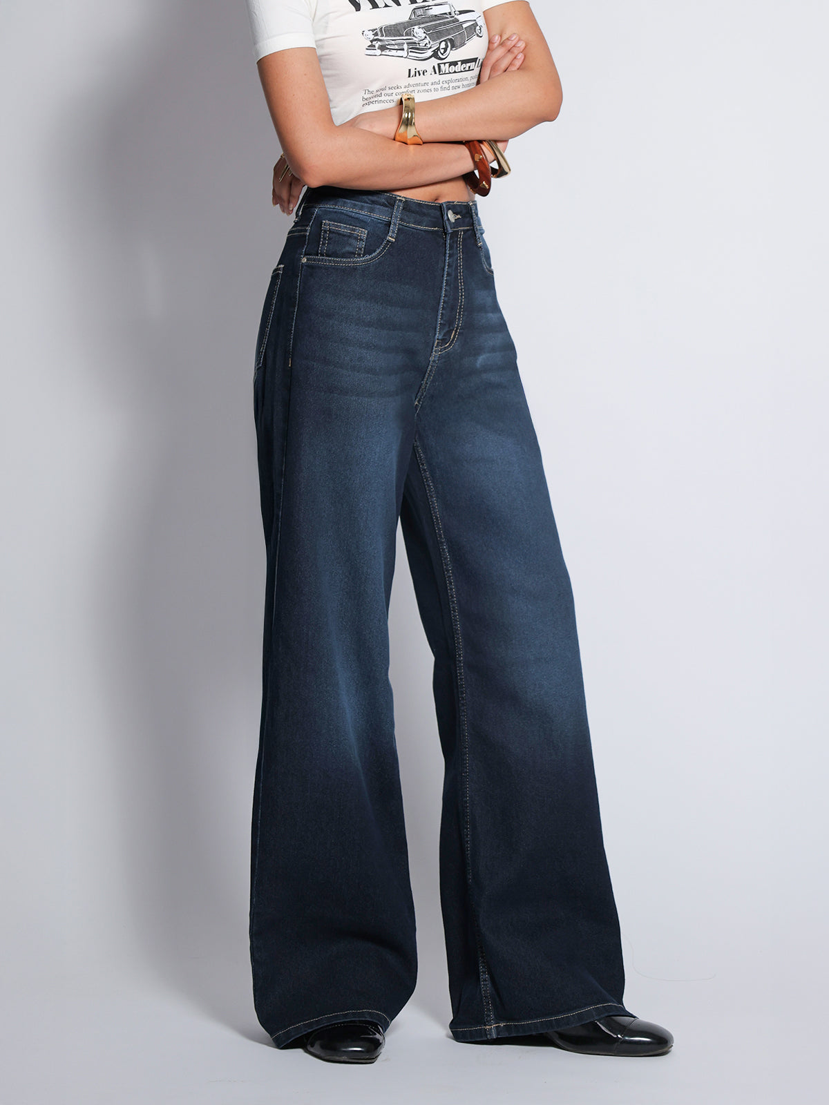 Luxe Premium Dark Blue Washed Stretchable Wide Leg Jeans