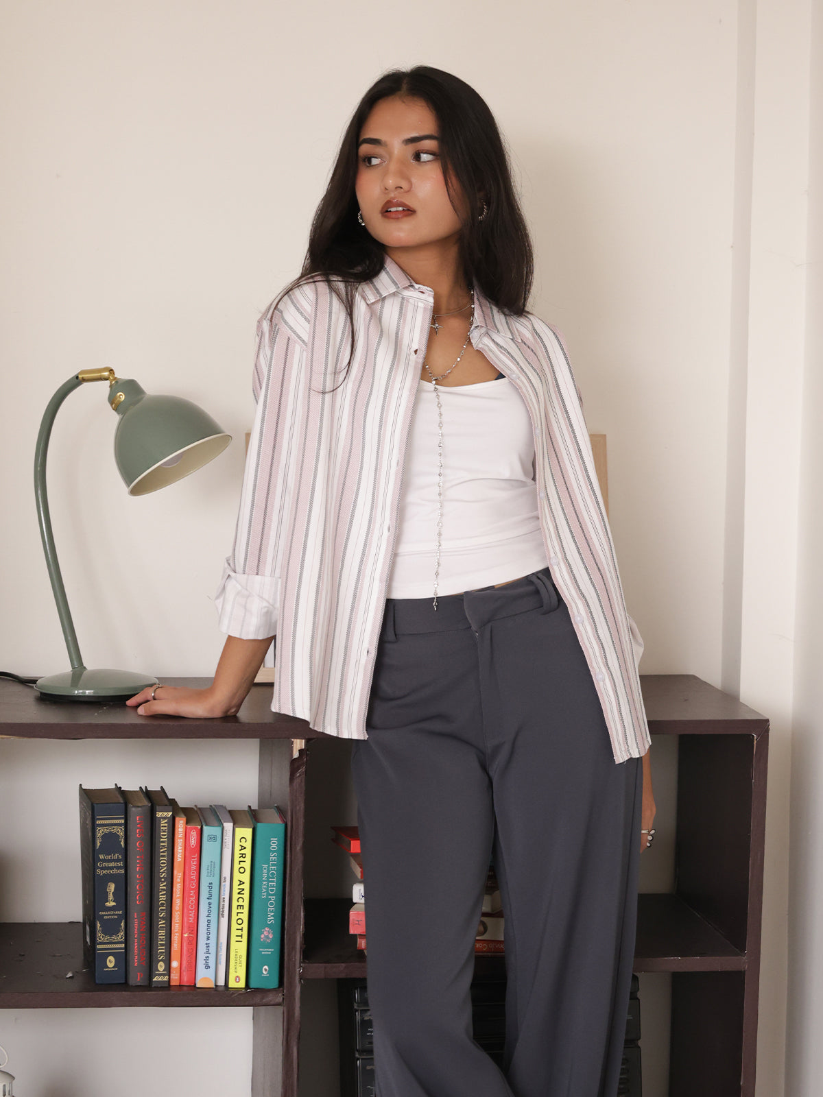 White & Pink Striped Dad Fit Shirt