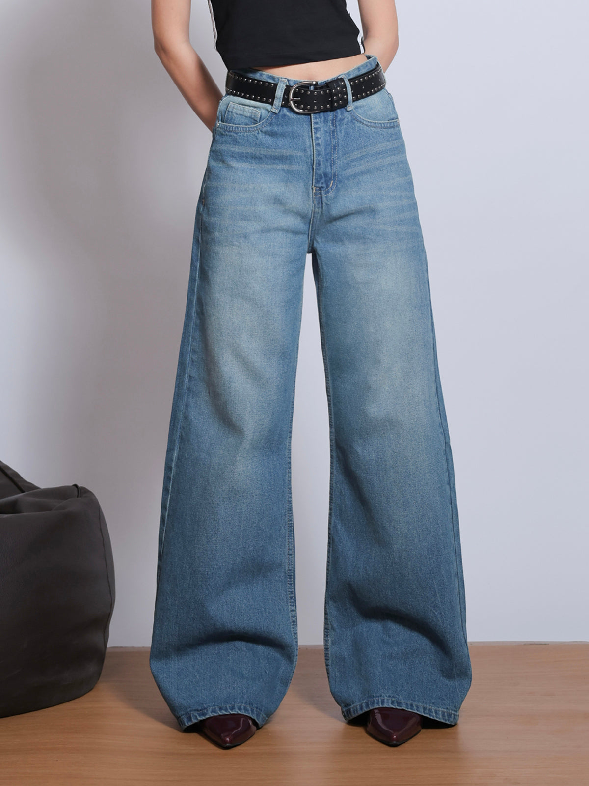 Aqua Blue Vintage Washed Super Wide Leg Jeans 
