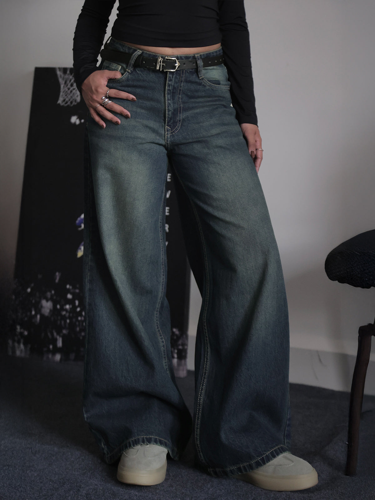 Retro Street Blue Tinted Low Waist Wide Leg Jeans