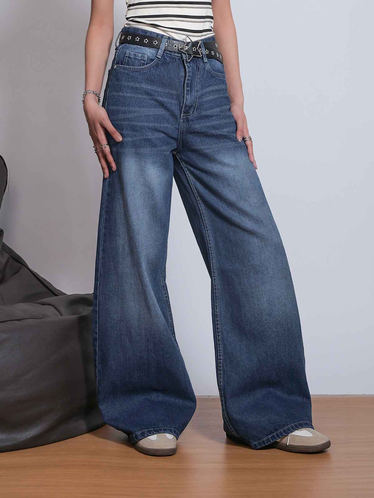 80s Street Dark Blue Washed Super Wide Leg Jeans