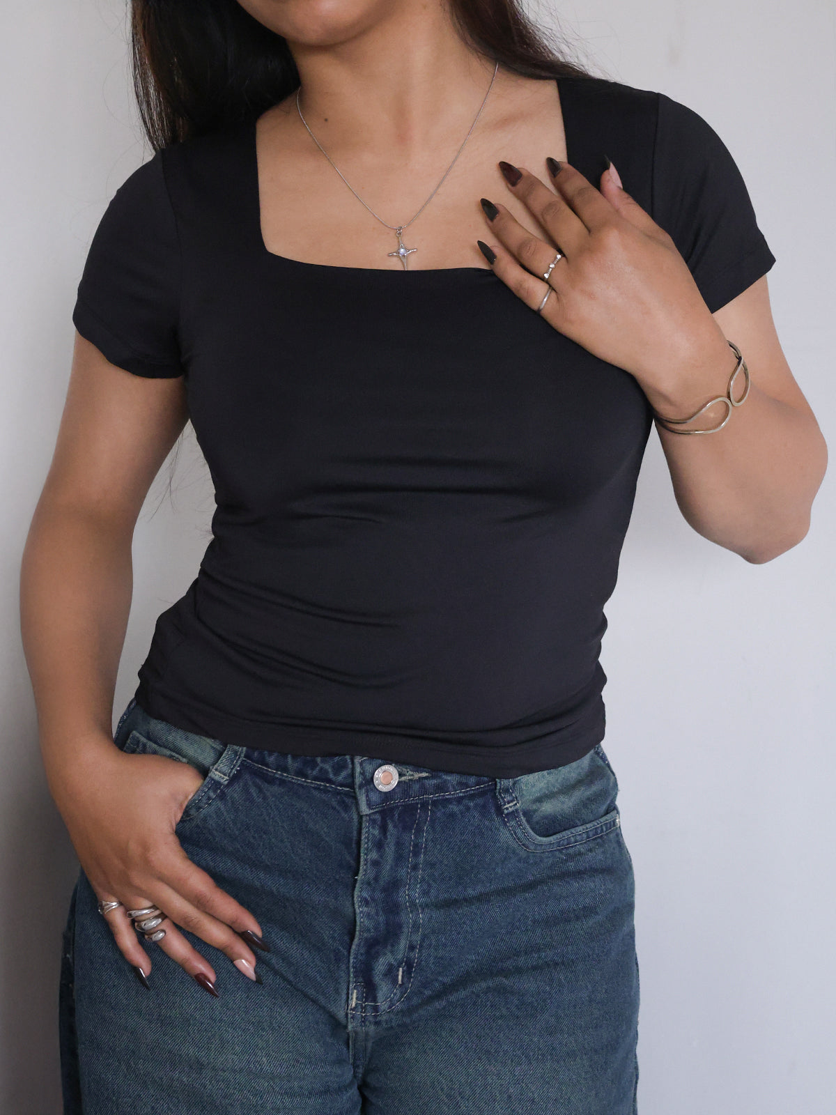 Black Square Neck Short Sleeve Slim Fit Top