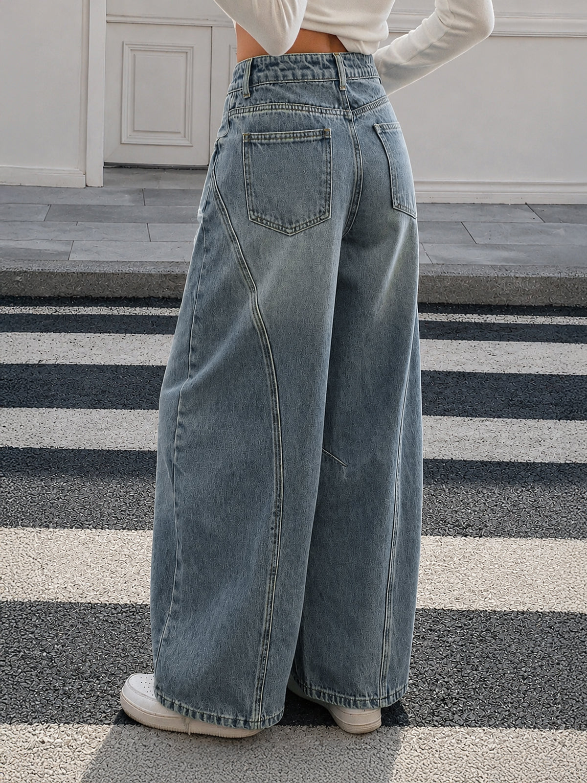 Faded Denim Blue Panelled Wide Leg Jeans
