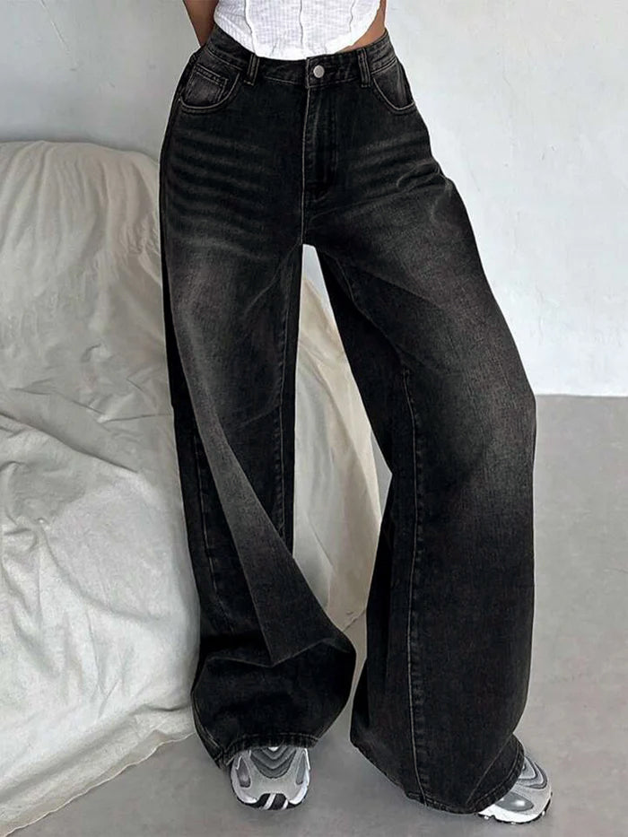 Retro Black Washed Super Wide Leg Jeans