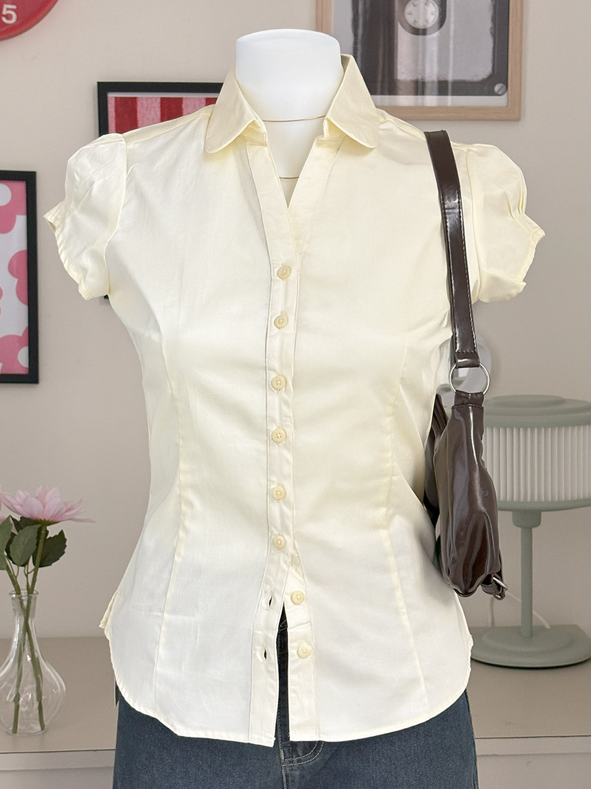 Butter Yellow Short Sleeve Y2K Fitted Shirt