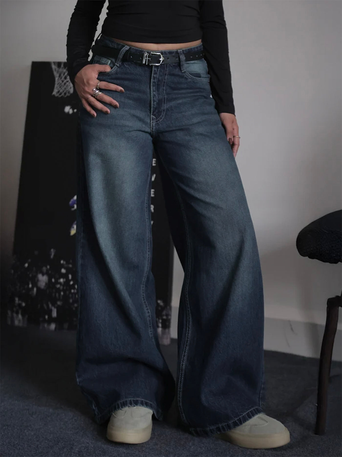 Retro Street Blue Tinted Wide Leg Jeans