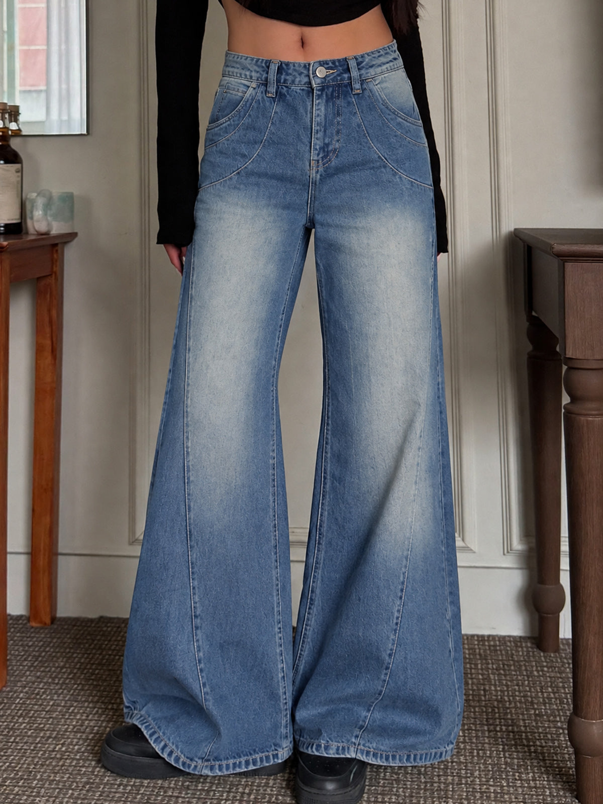 London Blue Panelled Super Wide Leg Jeans