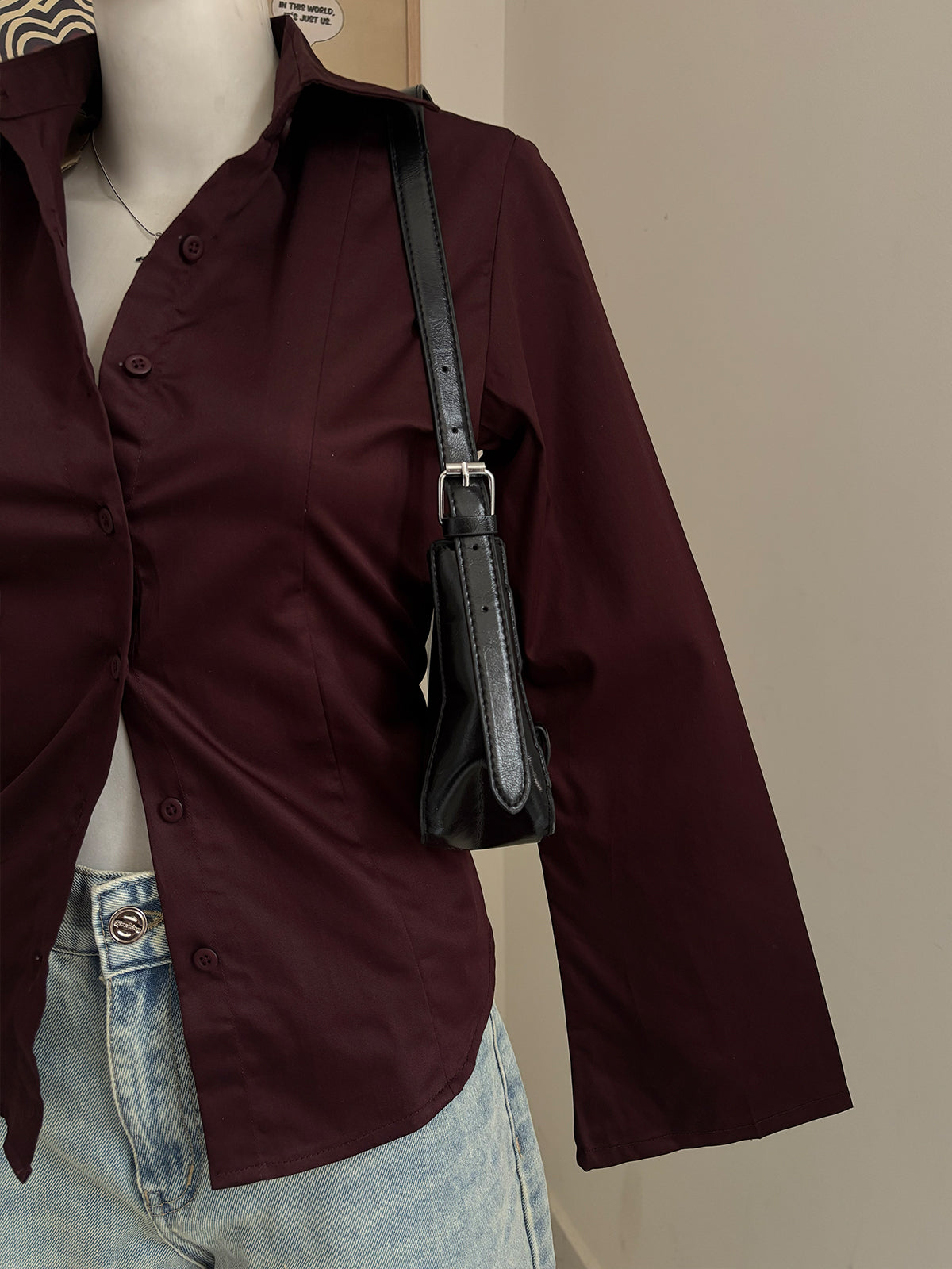 Deep Cherry Flared Sleeve Y2K Fitted Shirt