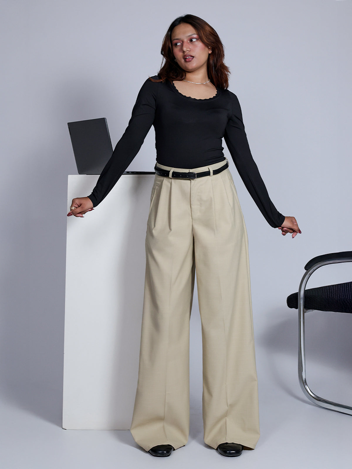 Vanilla Beige Belted Wide Leg Korean Pant