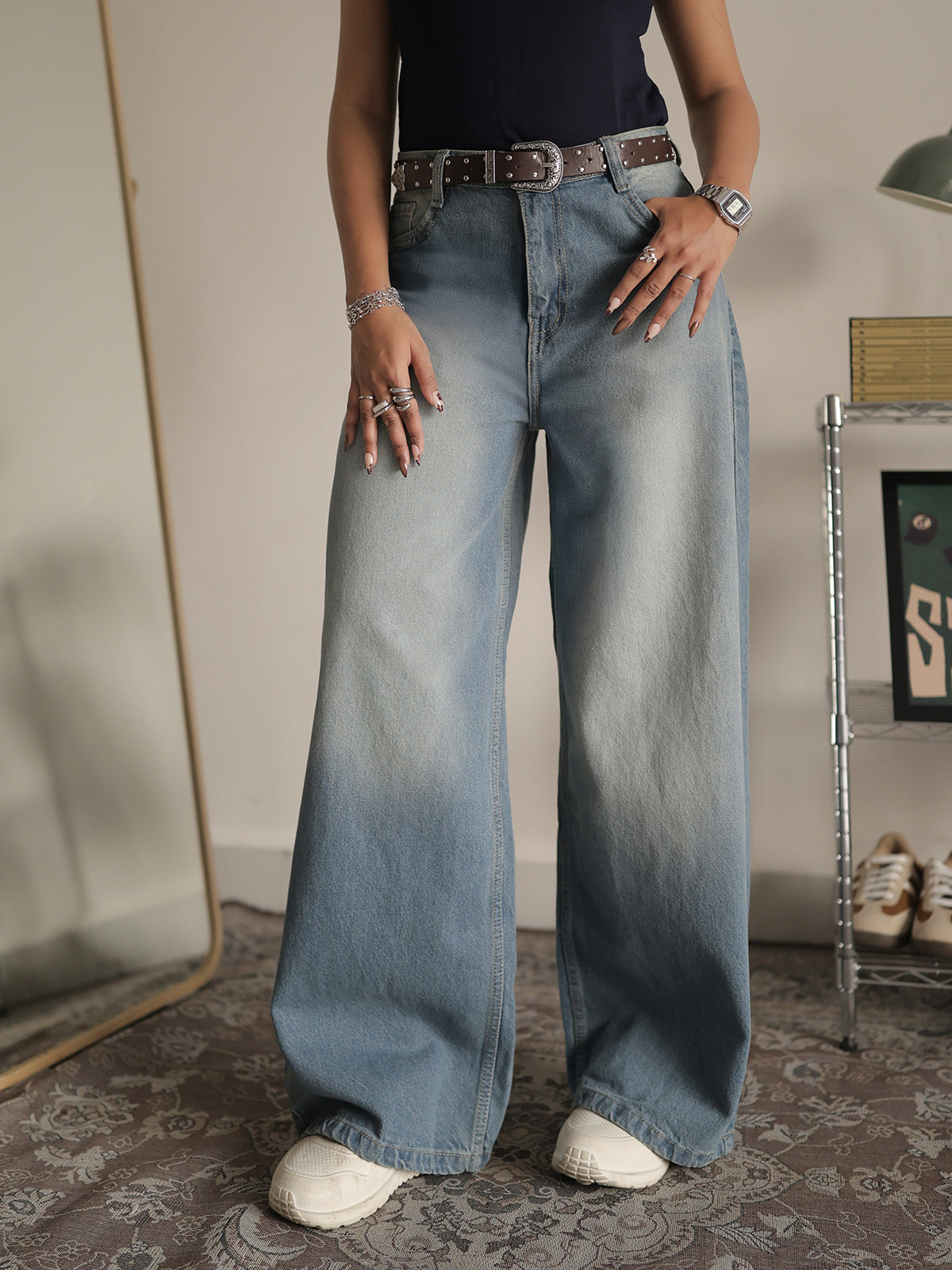 Soft Blue Washed Wide Leg Jeans