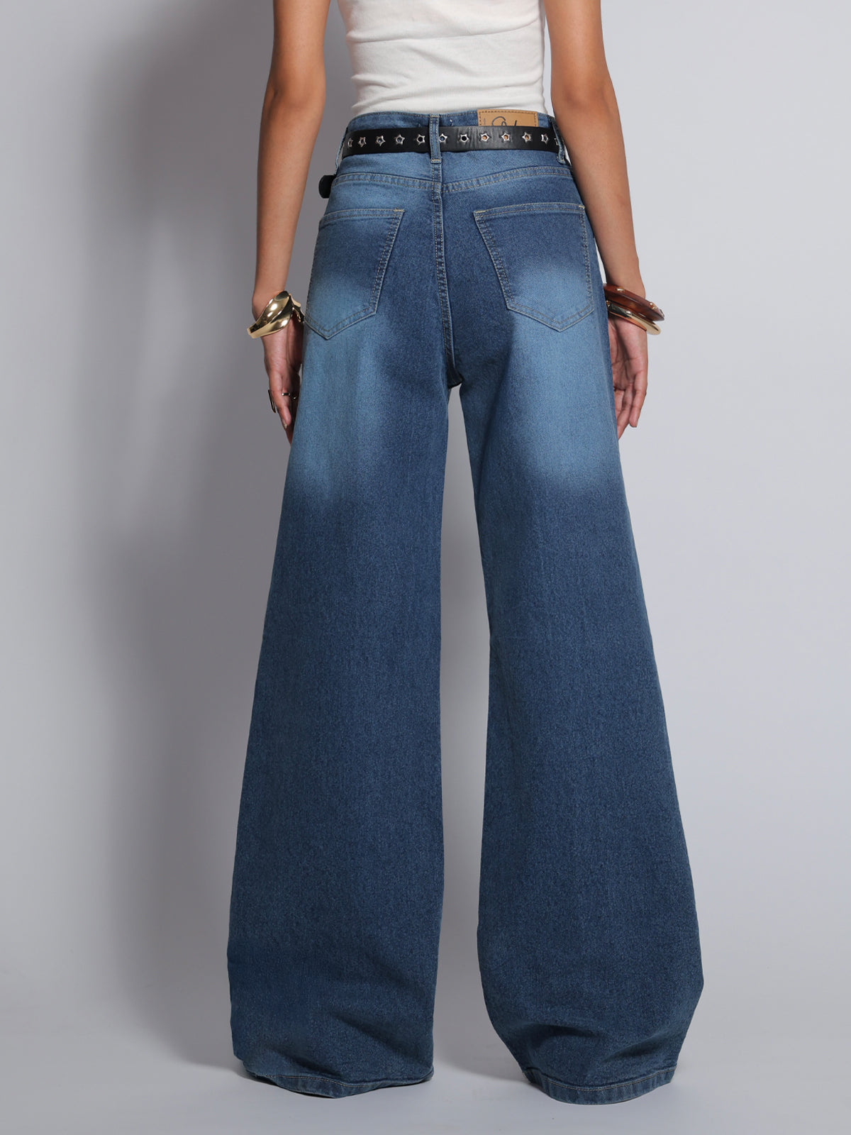 Luxe Drip Blue Washed Stretchable Wide Leg Jeans