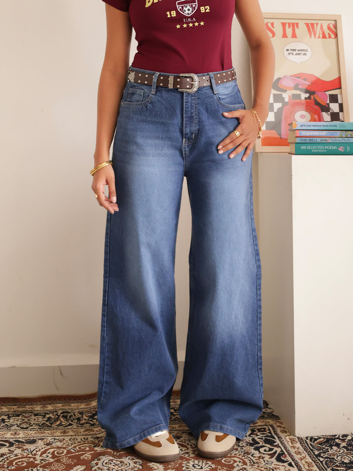 Luxe Drip Blue Washed Stretchable Wide Leg Jeans