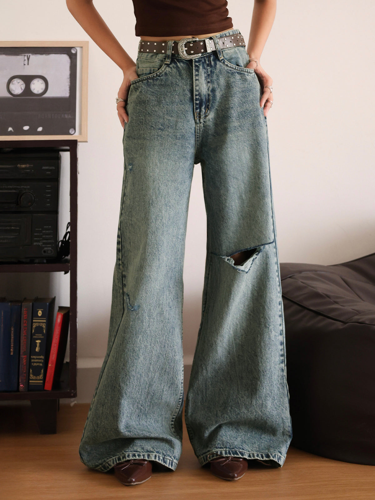 Retro Blue Tinted Ripped Super Wide Leg Jeans
