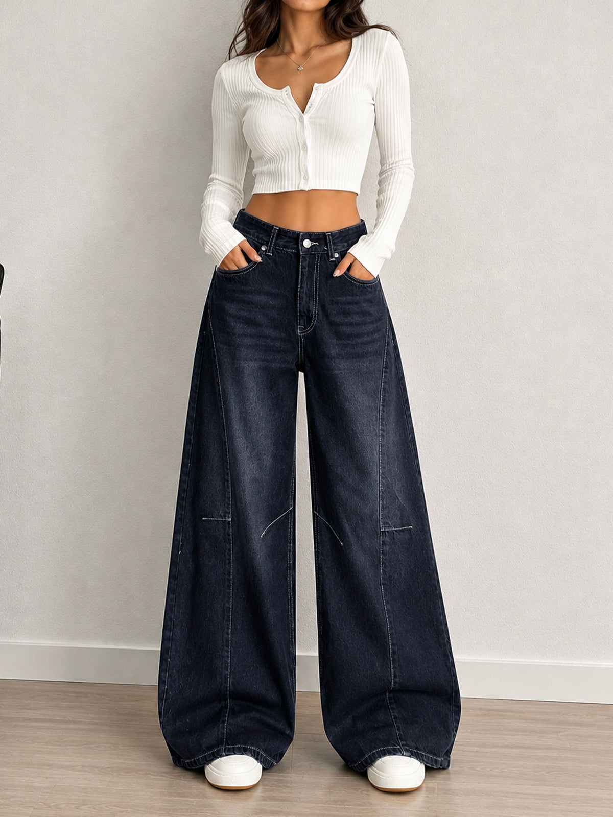 Ash Black Washed Panelled Wide Leg Jeans