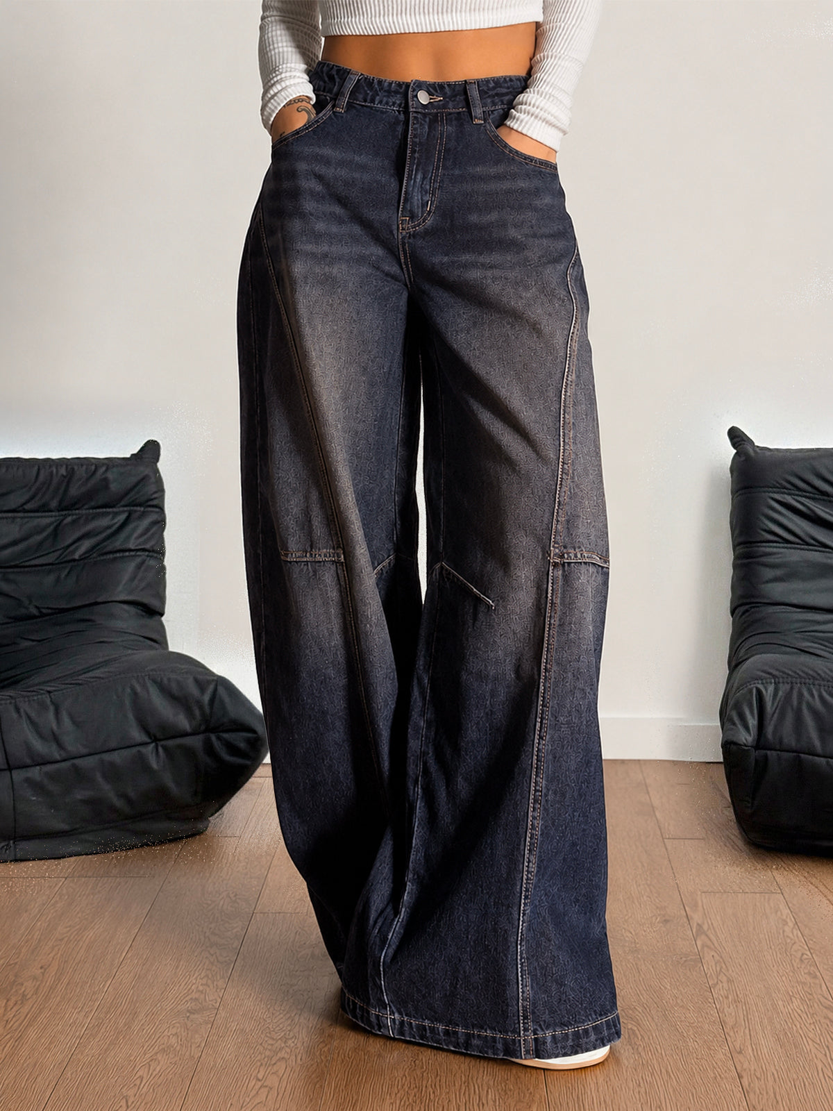 Deep Space Blue Panelled Y2K Wide Leg Jeans