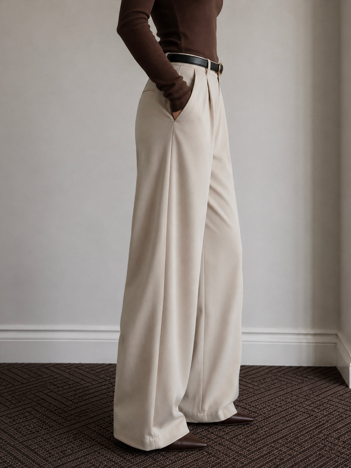 Muted Beige Pleated Wide Leg Korean Pants