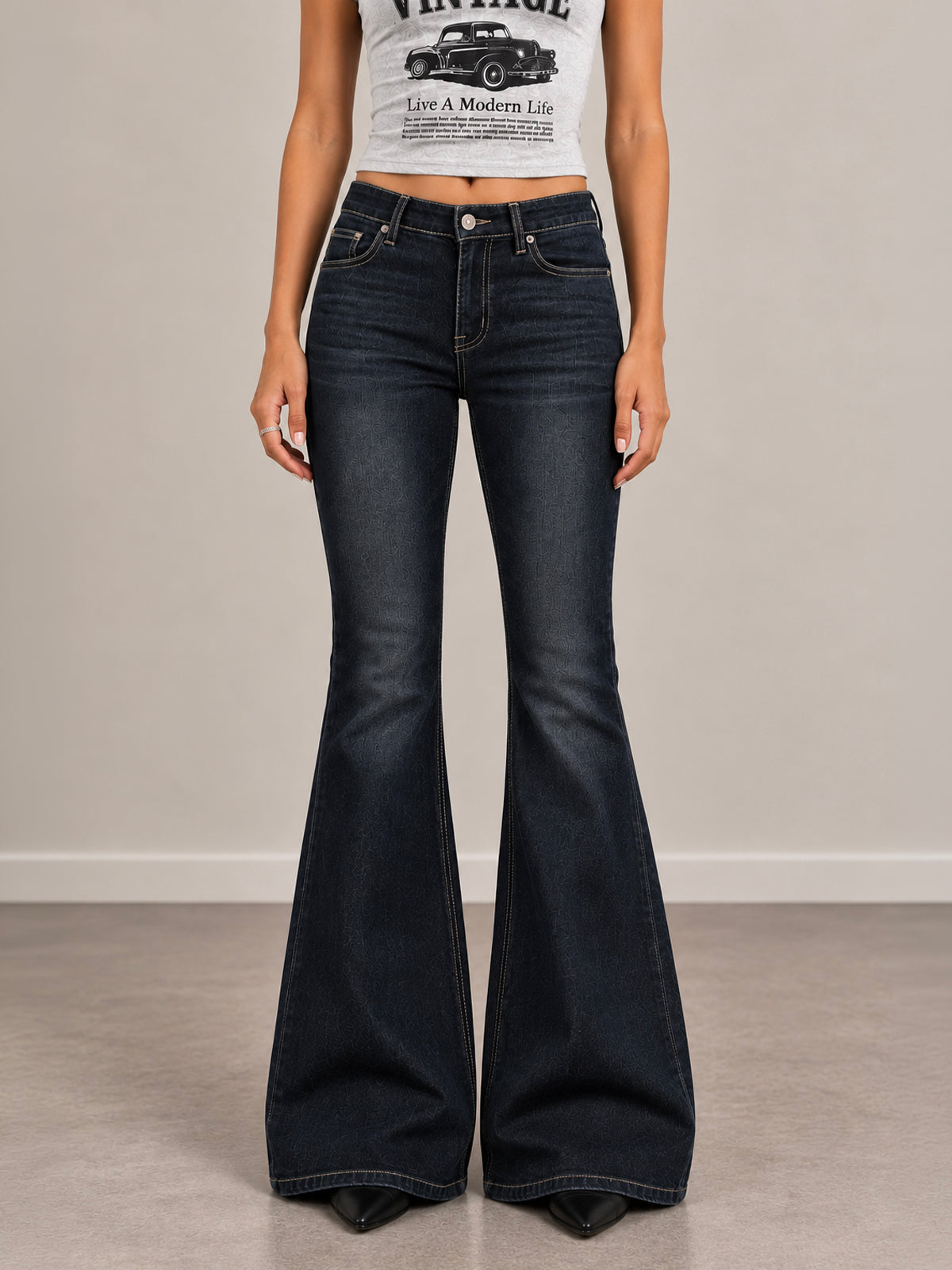 Retro Black Flap Pocket Y2K Bootcut Jeans