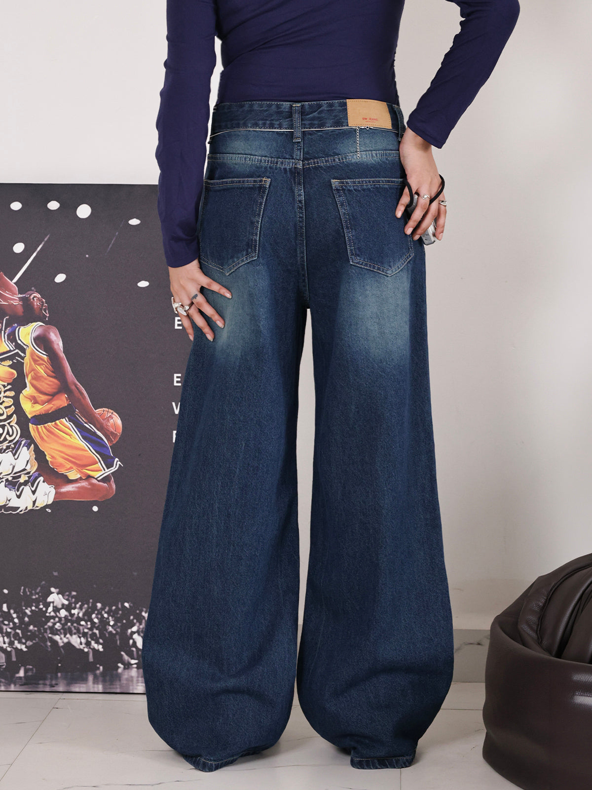 Marine Blue Washed Wide Leg Jeans