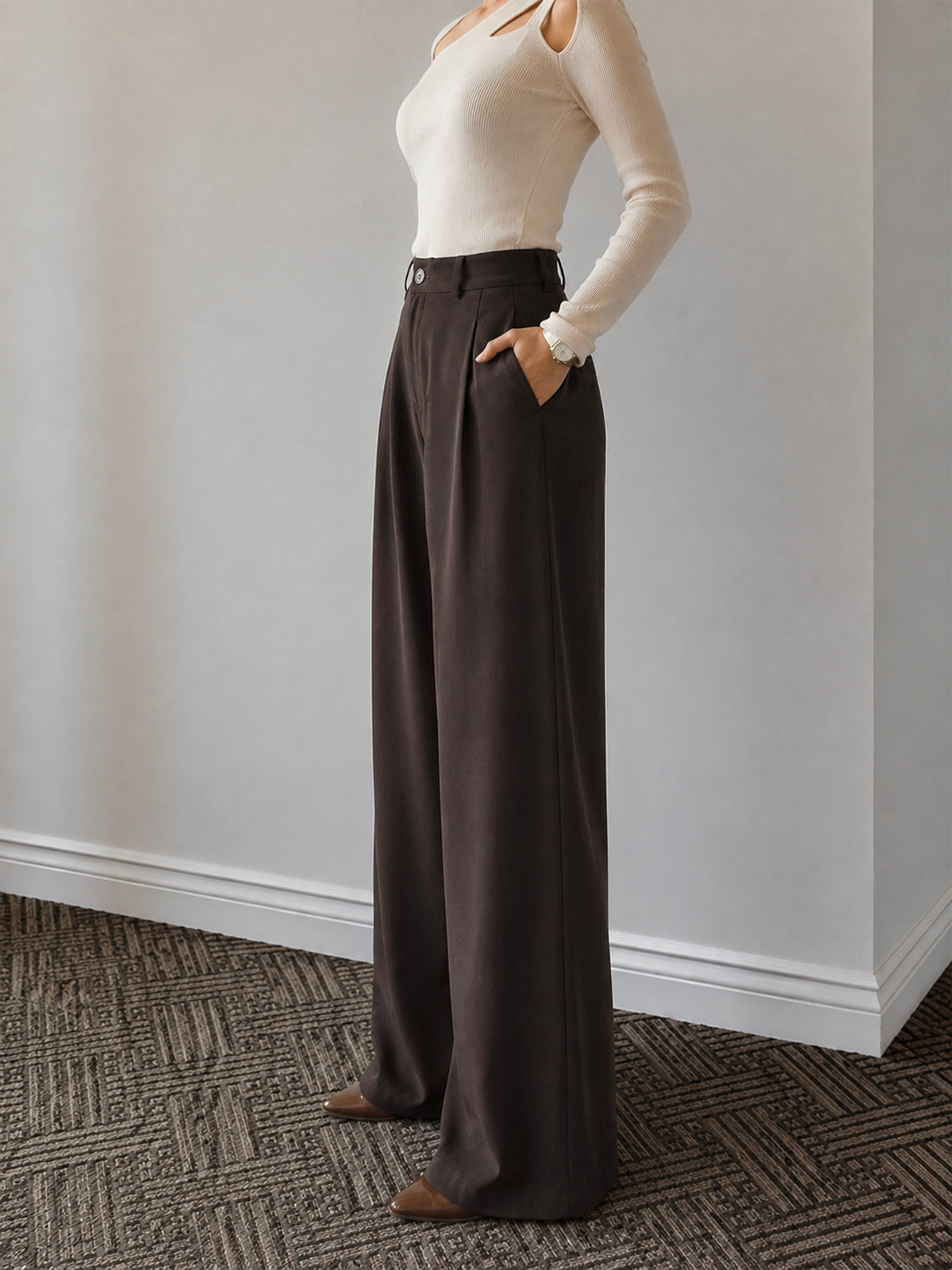 Dark Cocoa Brown Pleated Wide Leg Korean Pants