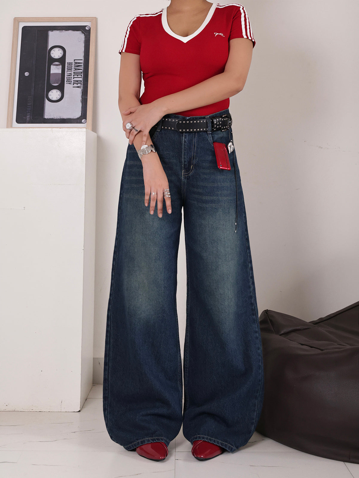 French Navy Blue Washed Wide Leg Jeans