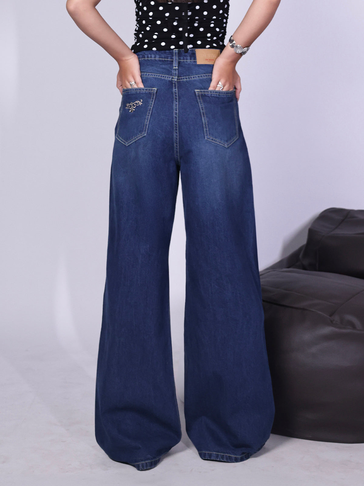 Galaxy Blue Embroidered Wide Leg Jeans