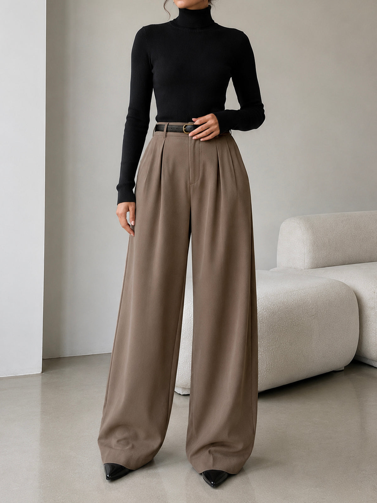 Latte Brown Pleated Wide Leg Korean Pants