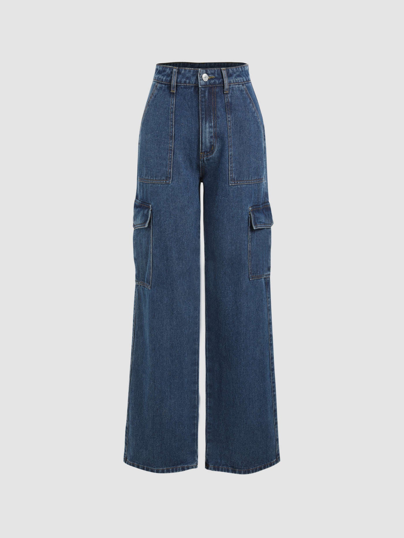 Dark Blue High Waist Wide Leg Denim Cargo