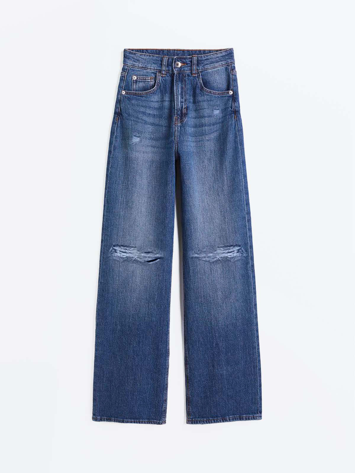 Dark Blue Whisker Ripped High Waist Wide Leg Jeans