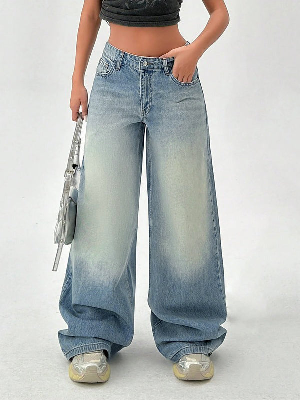 Soft Blue Washed Wide Leg Jeans