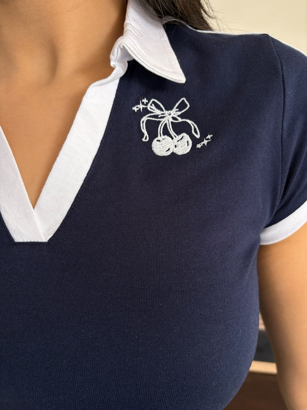 Navy Contrast Detail Embroidered Polo Tee