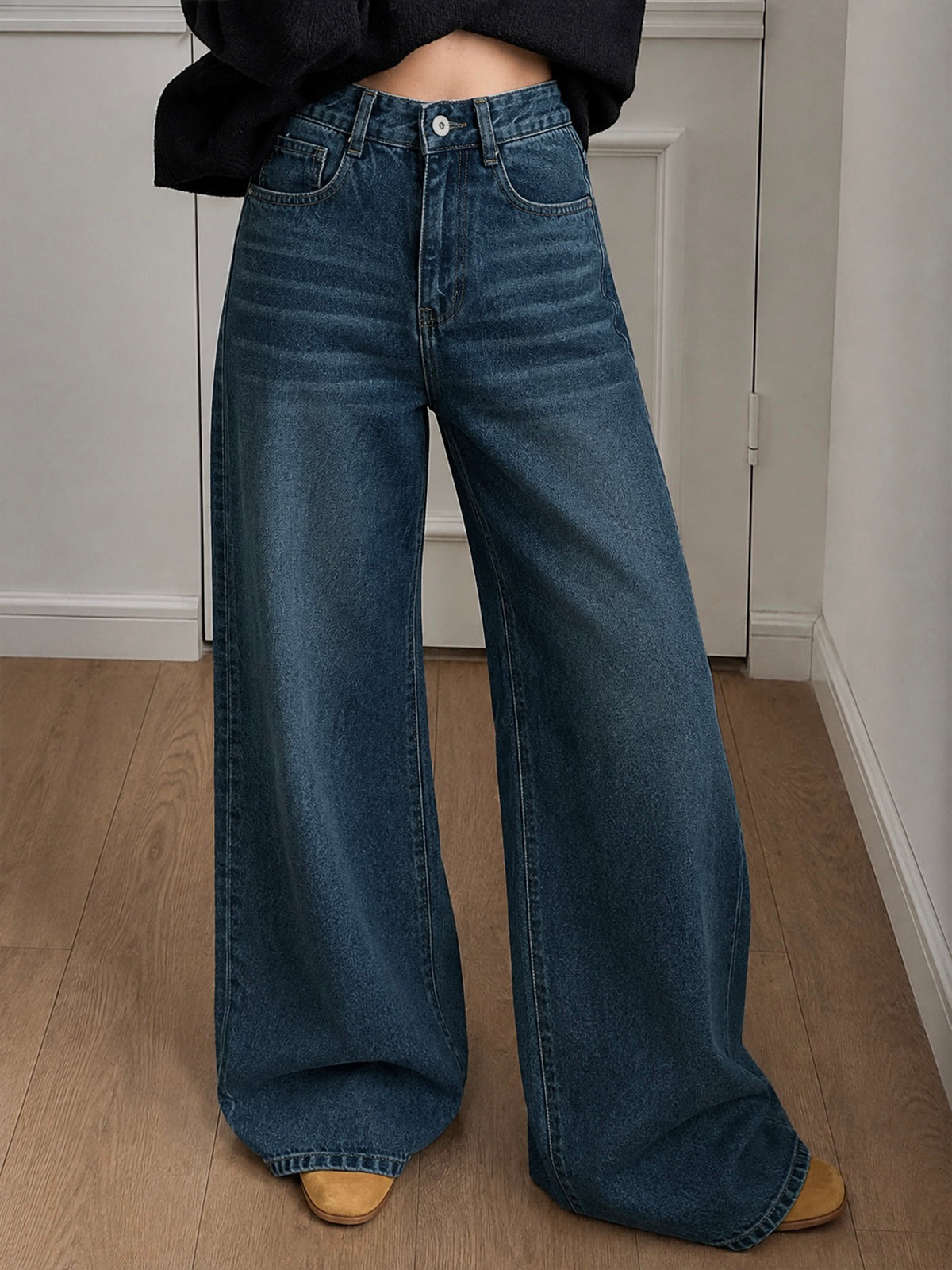 Winter Blue Whisker Super Wide Leg Jeans