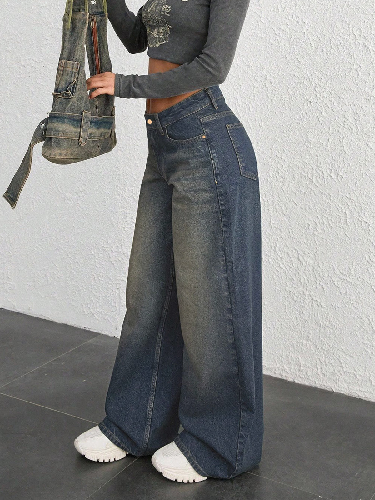 Knight Blue Tinted Low Waist Wide Leg Jeans