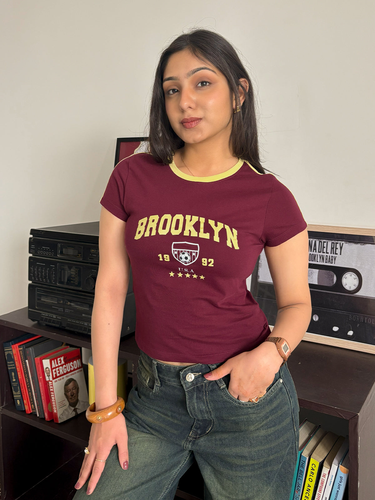 Deep Cherry Brooklyn Contrast Detail Graphic Baby Tee