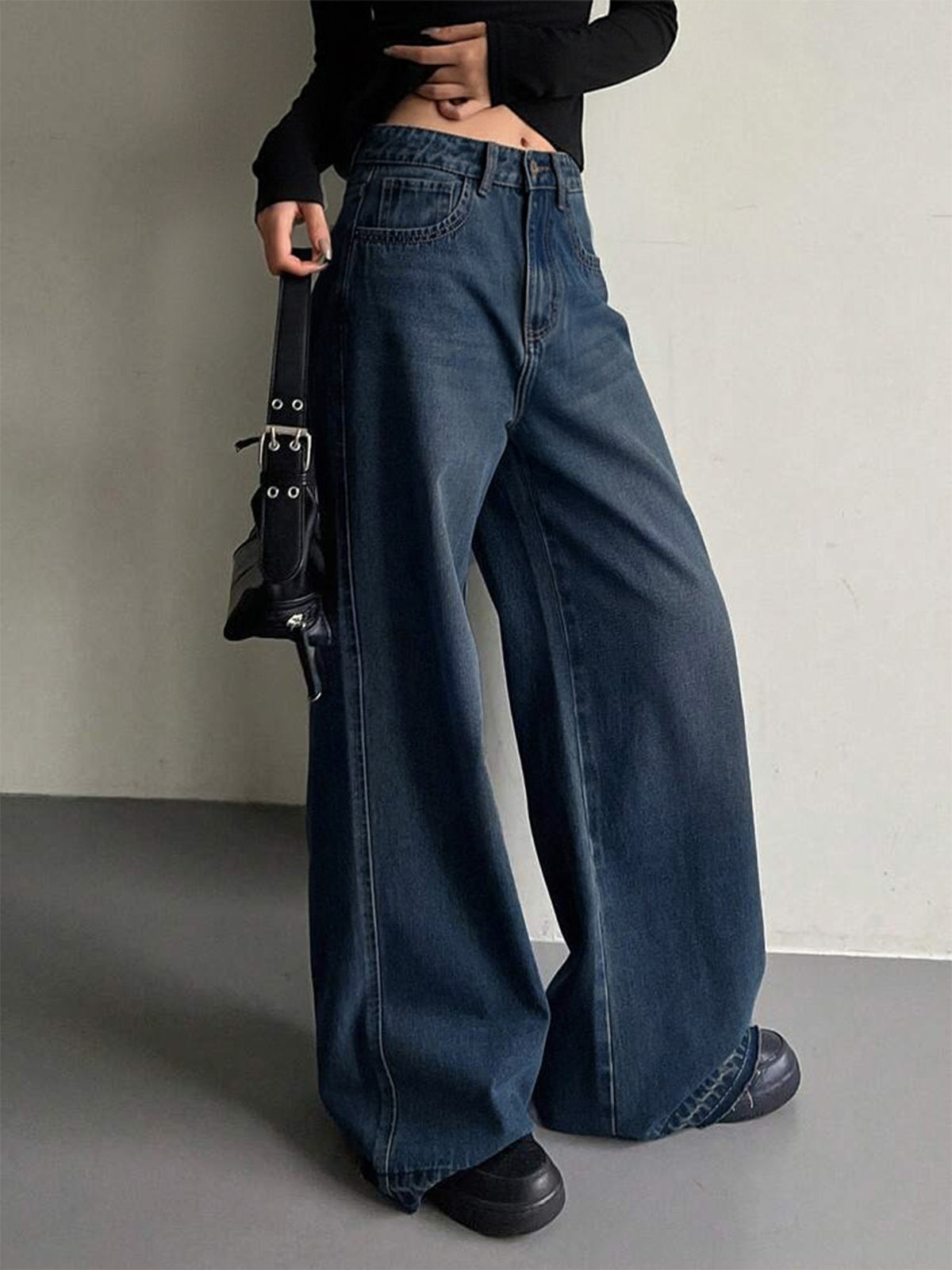 Dark Blue Whisker Y2K Wide Leg Jeans