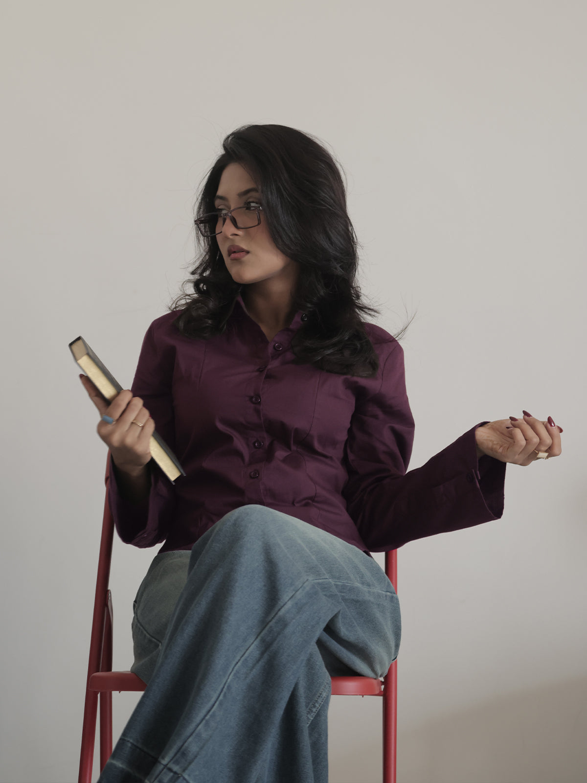 Plum Flared Sleeve Y2K Fitted Shirt