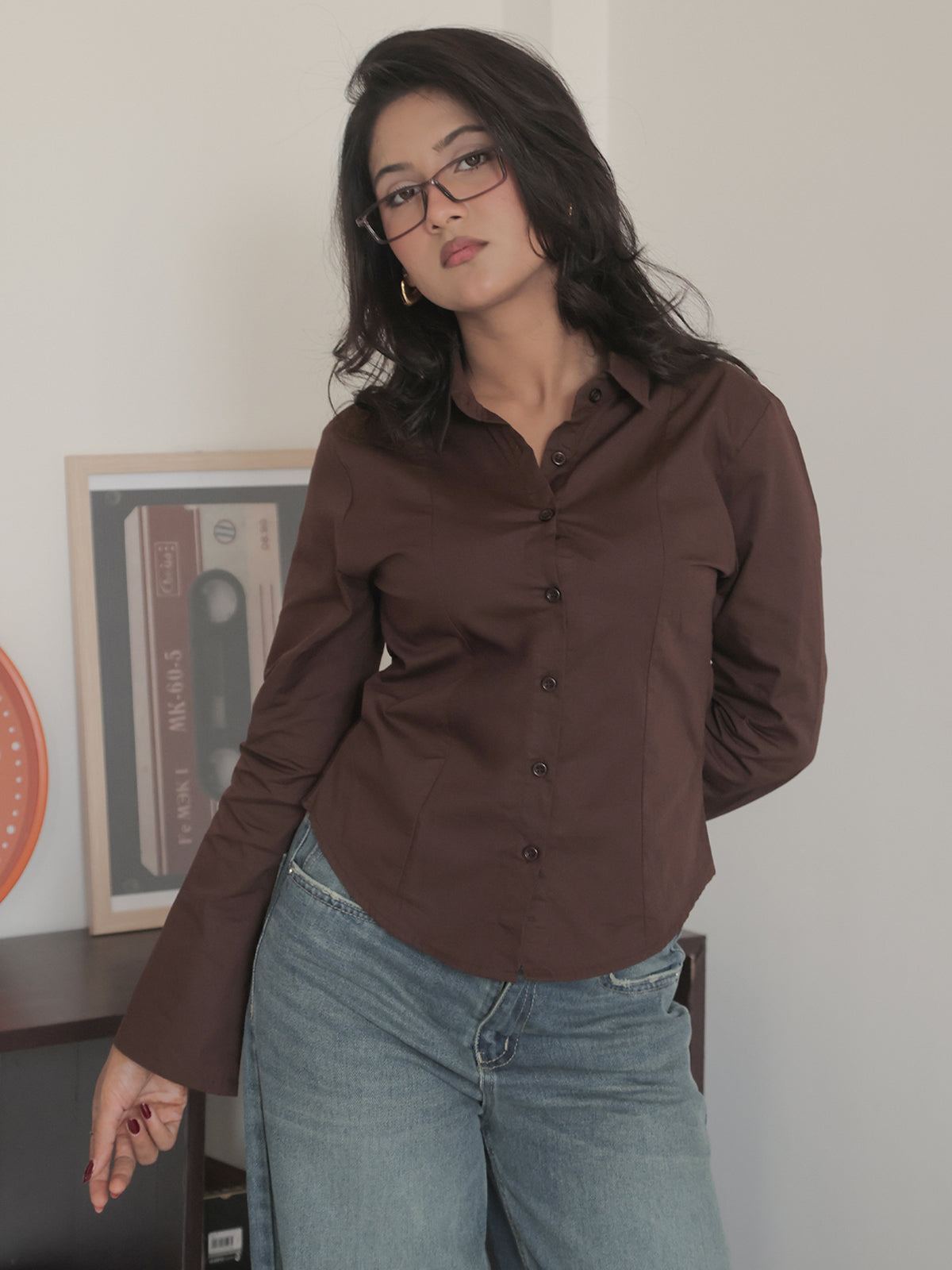 Chocolate Brown Flared Sleeve Y2K Fitted Shirt