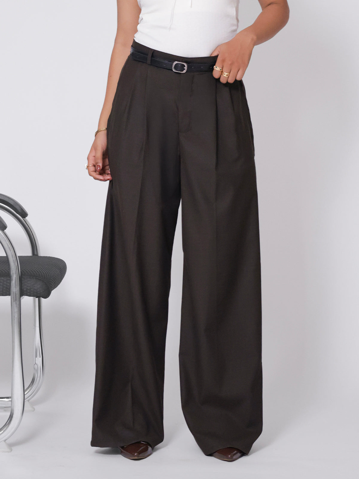 Espresso Brown Belted Wide Leg Korean Pant