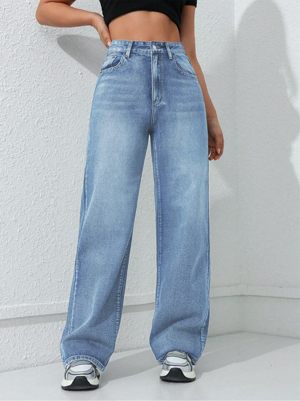Stone Blue Whisker Straight Fit  Jeans