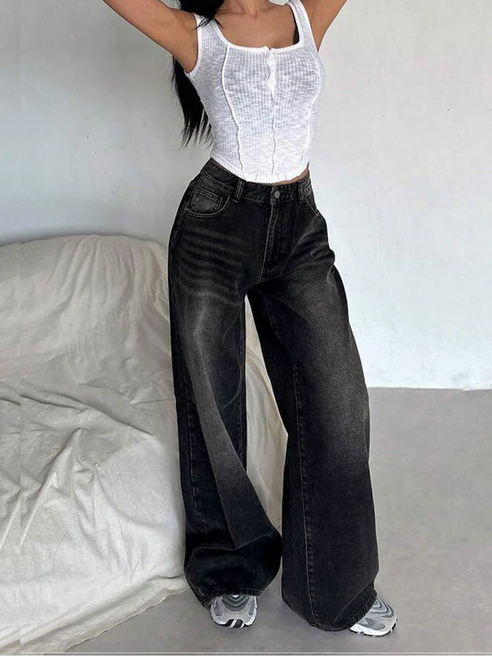 Retro Black Washed Super Wide Leg Jeans