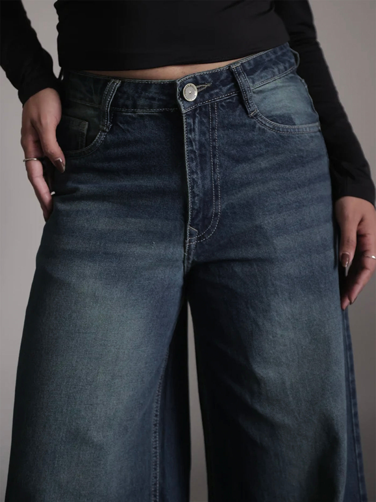 Retro Street Blue Tinted Wide Leg Jeans