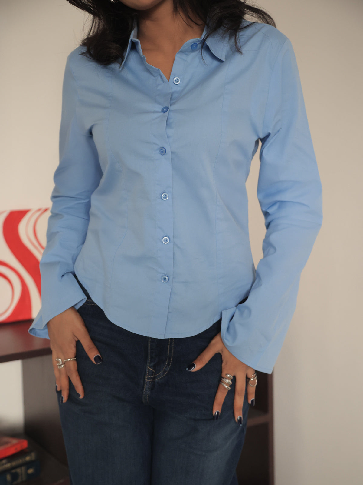 Powder Blue Flared Sleeve Y2K Fitted Shirt