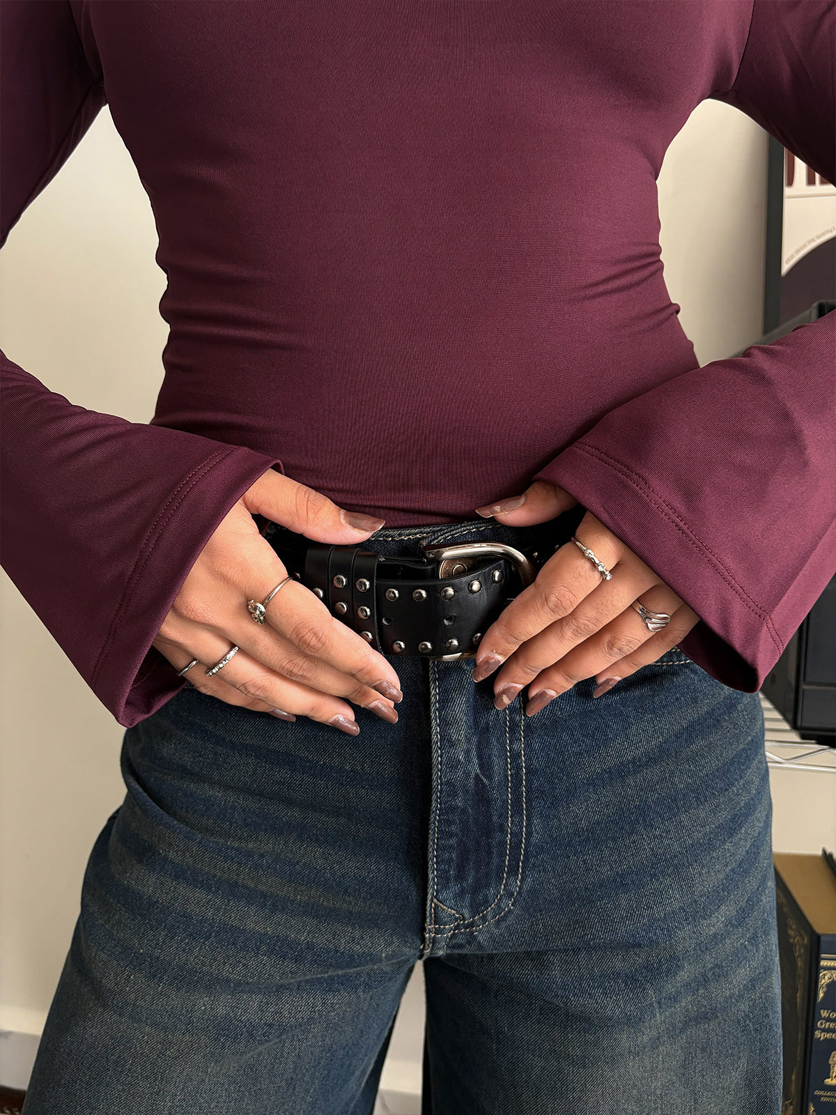 Plum Boat Neck Bell Sleeve Slim Fit Top