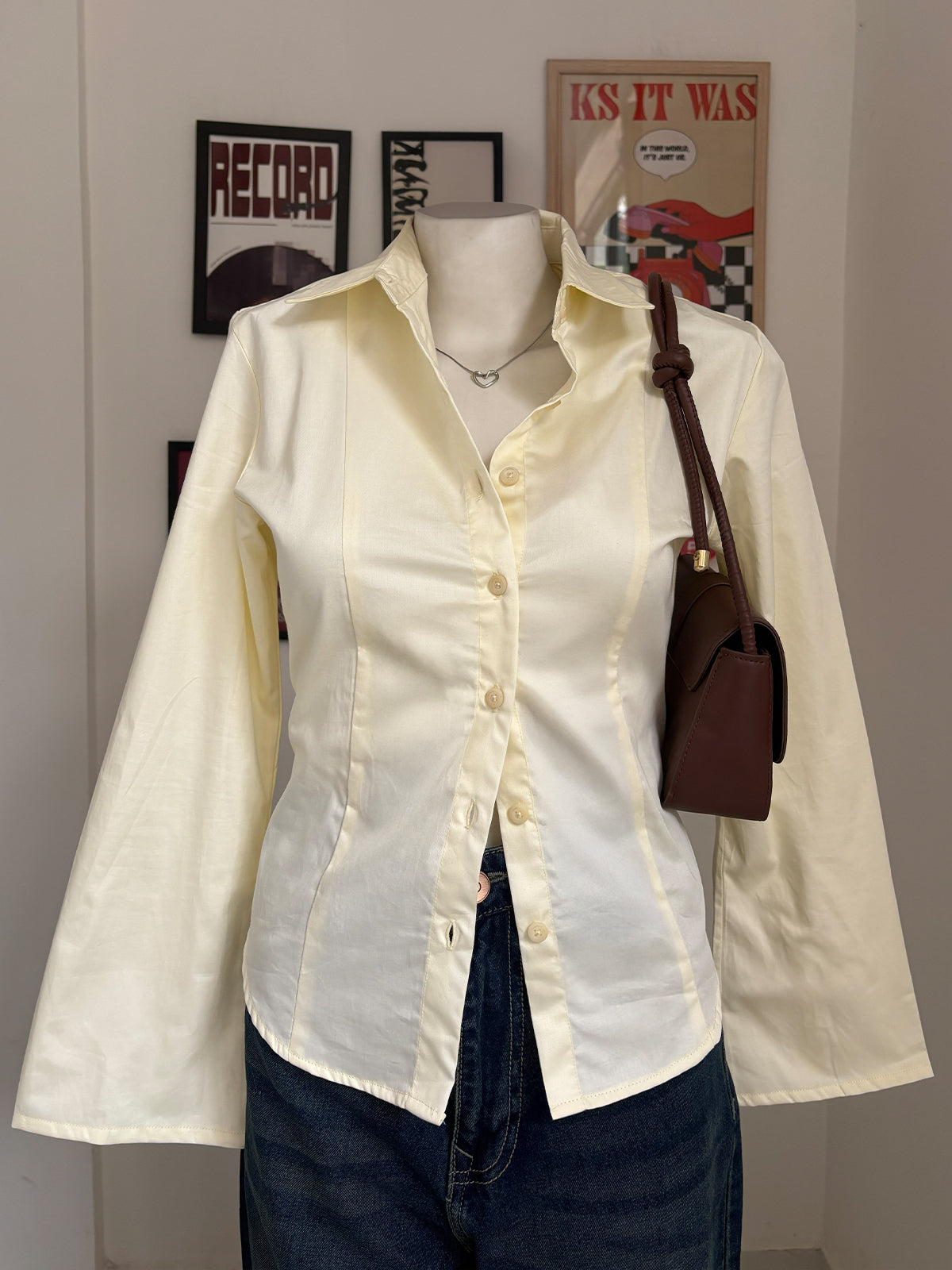 Butter Yellow Flared Sleeve Y2K Fitted Shirt