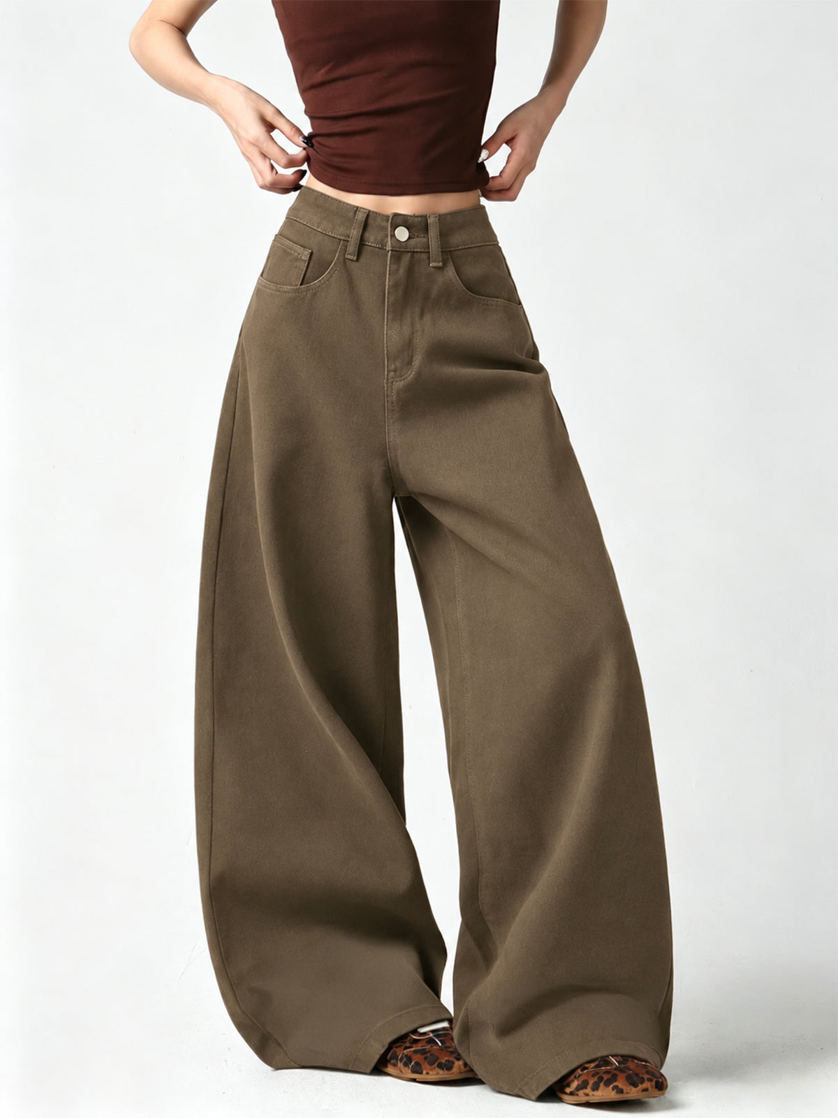 Walnut Brown Washed Wide Leg Jeans