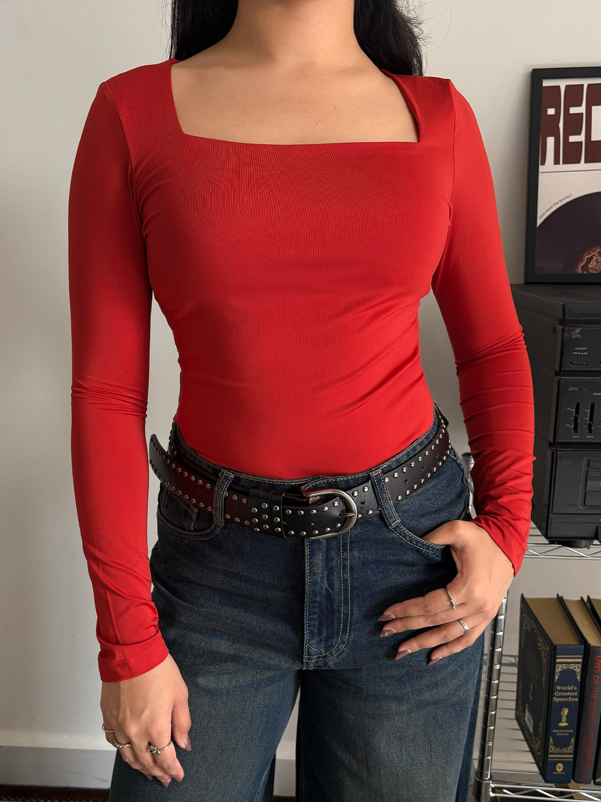 Red Square Neck Long Sleeve Slim Fit Top